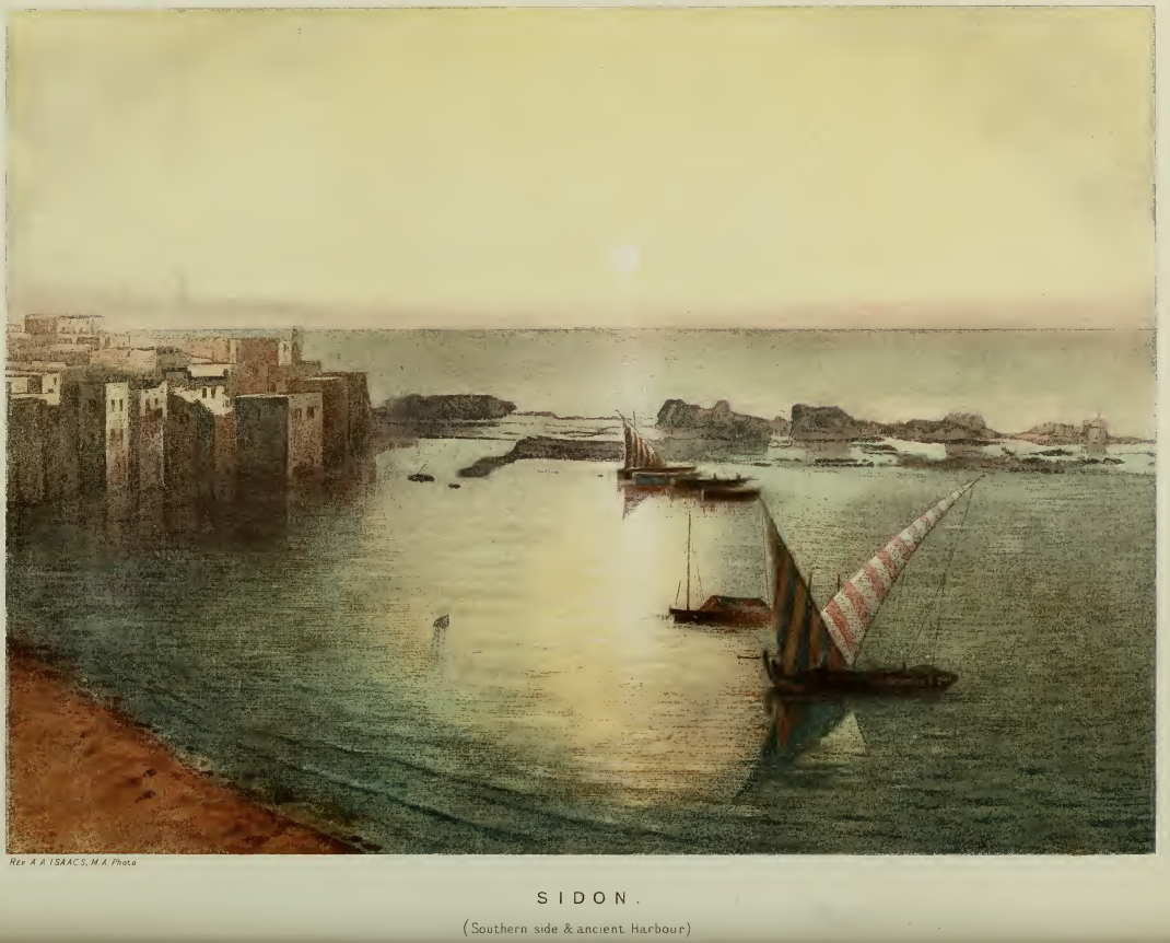 A view of Sidon from H. B. Tristram, Scenes in the East Consisting of Twelve Coloured Photographic Views of Places Mentioned in the Bible (London: Society for Promoting Christian Knowledge, 1872), plate VI facing p. 27.