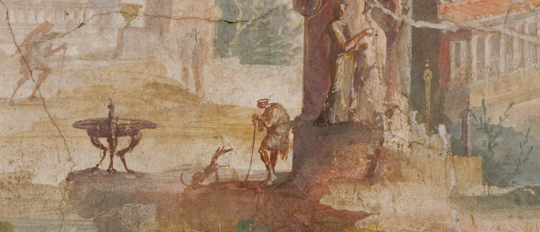 A dog begs from a travel wearied man in this detail from a first-century fresco. Image courtesy of Wikimedia Commons. https://commons.wikimedia.org/wiki/File:Alexandrian_landscape_MAN_Napoli_Inv147502.jpg