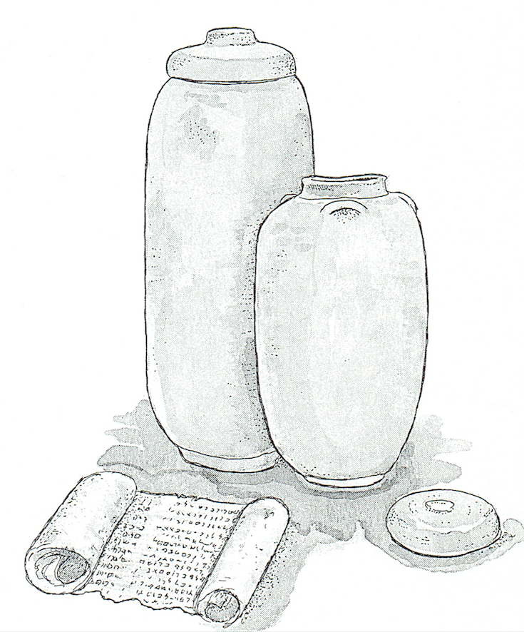 Artists depiction of the clay jars with lids that contained the Dead Sea Scrolls discovered at Qumran.