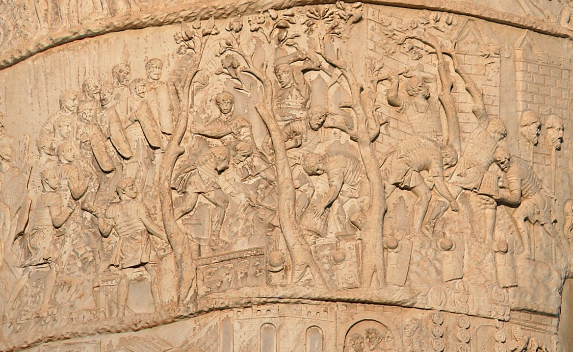 This relief from Trajan's Column (erected 113 C.E.) depicts Roman soldiers engaged in road construction. Image courtesy of Wikimedia Commons.