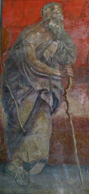 A first-century Roman fresco depicting an old man, perhaps a philosopher, wrapped in a pallium (the Latin equivalent of the Greek ἱμάτιον and Hebrew טלית), holding a staff, and wearing sandals. (See Richter, The Portraits of the Greeks, 2:244.) The fresco is from the Villa of Boscoreale, located about a mile from Pompeii, which was destroyed by the eruption of Vesuvius in 79 C.E. Photo courtesy of Wikimedia Commons.