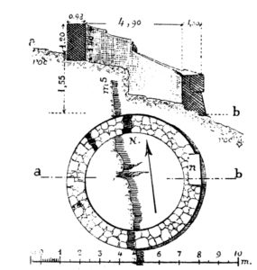 Diagram of Weill's tower published in Louis-Hugues Vincent, “LA CITÉ DE DAVID D'APRÈS LES FOUILLES DE 1913-1914 [Fin],” <i>Revue Biblique</i>, 30.4 (1921): 541-569 (diagram on p. 522). Image courtesy of <a href="https://commons.wikimedia.org/wiki/File:Plan_of_Weill%27s_Siloam_Tower.jpg" target="_blank" rel="noopener noreferrer" class="nolightbox">Wikimedia Commons</a>.